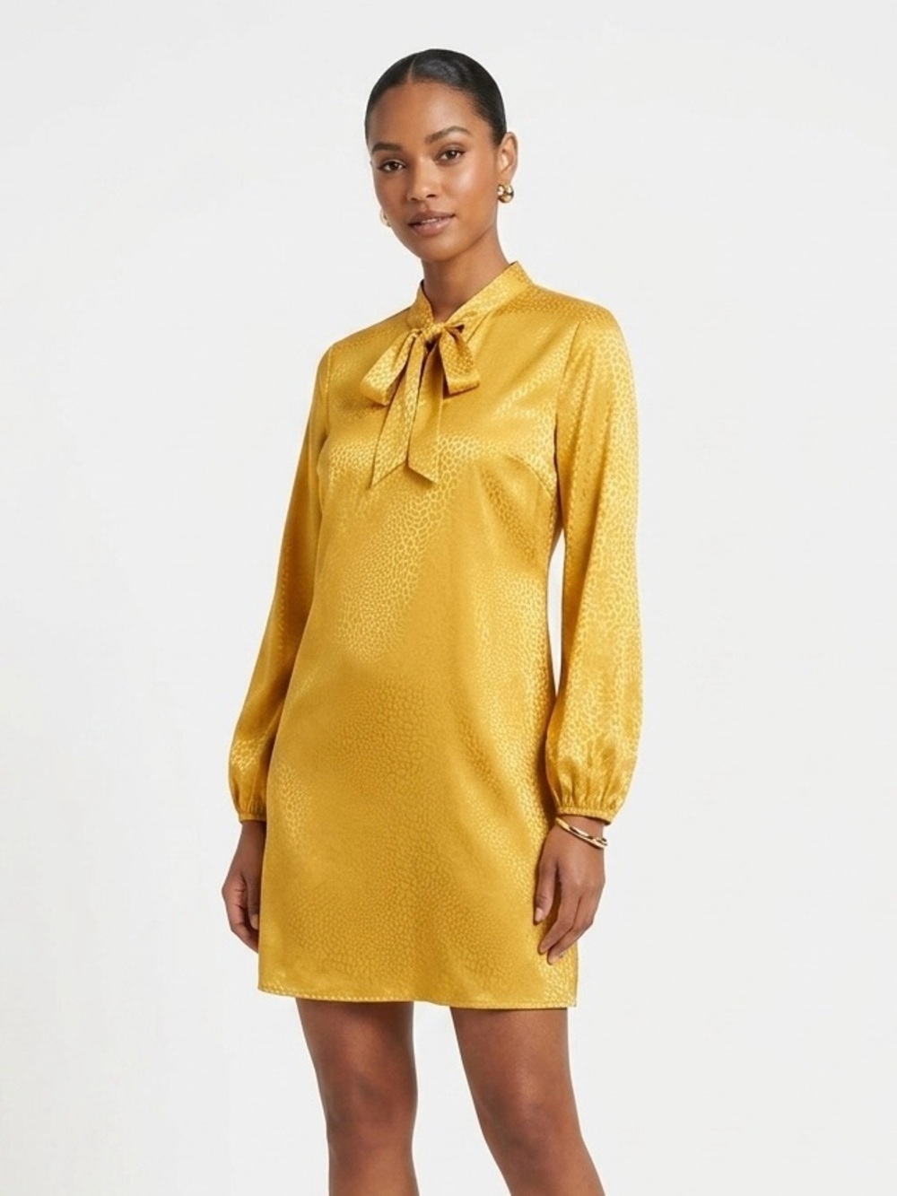 Millennium, Satin Tie-Neck Shift Dress in Mustard Yellow - L